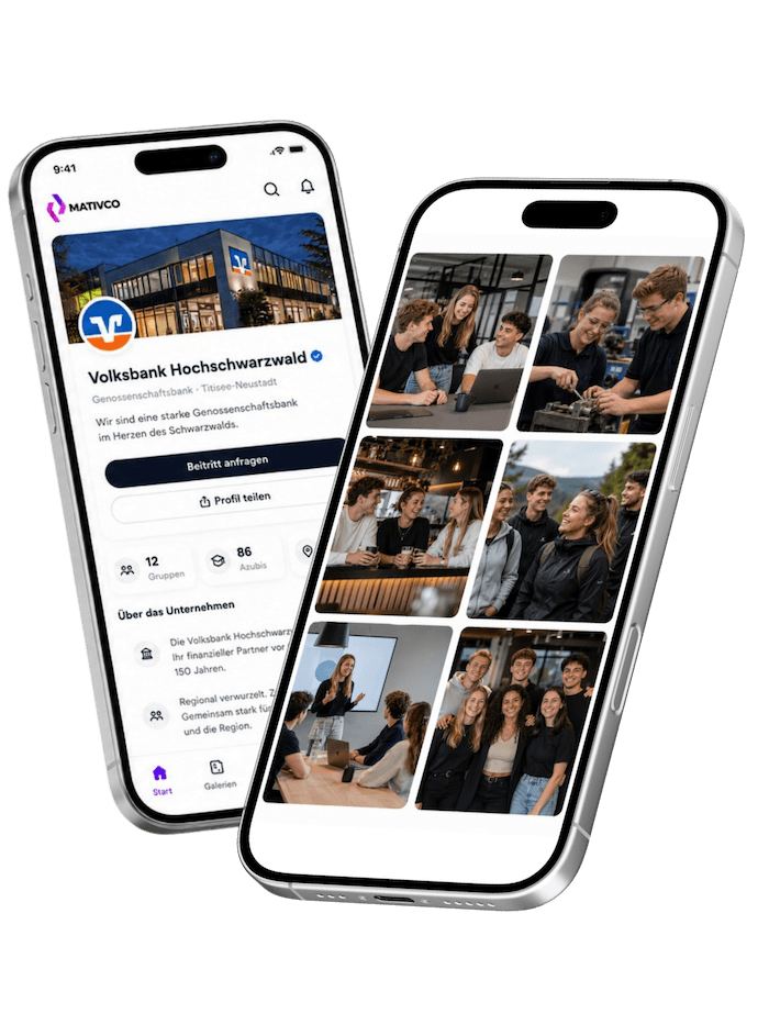 Die Mativco-App auf zwei Smartphones: links das Unternehmensprofil eines Ausbildungsbetriebs, rechts eine Galerie mit Bildern aus dem Ausbildungsalltag.